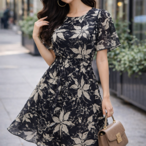Elegant floral printed dress with a flattering fit, perfect for chic casual outings and everyday style.